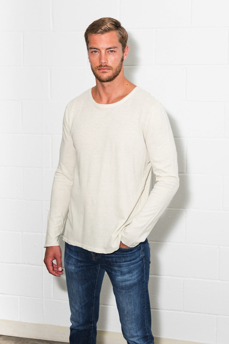 Men's Linen Blend Crew Neck Long Sleeve — Clay