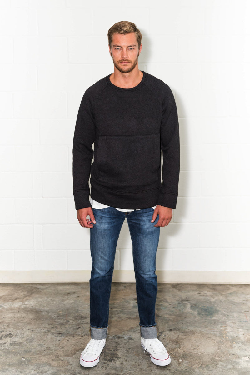 Men's French Terry Kangaroo Pocket Crew Neck Sweatshirt — BLACK