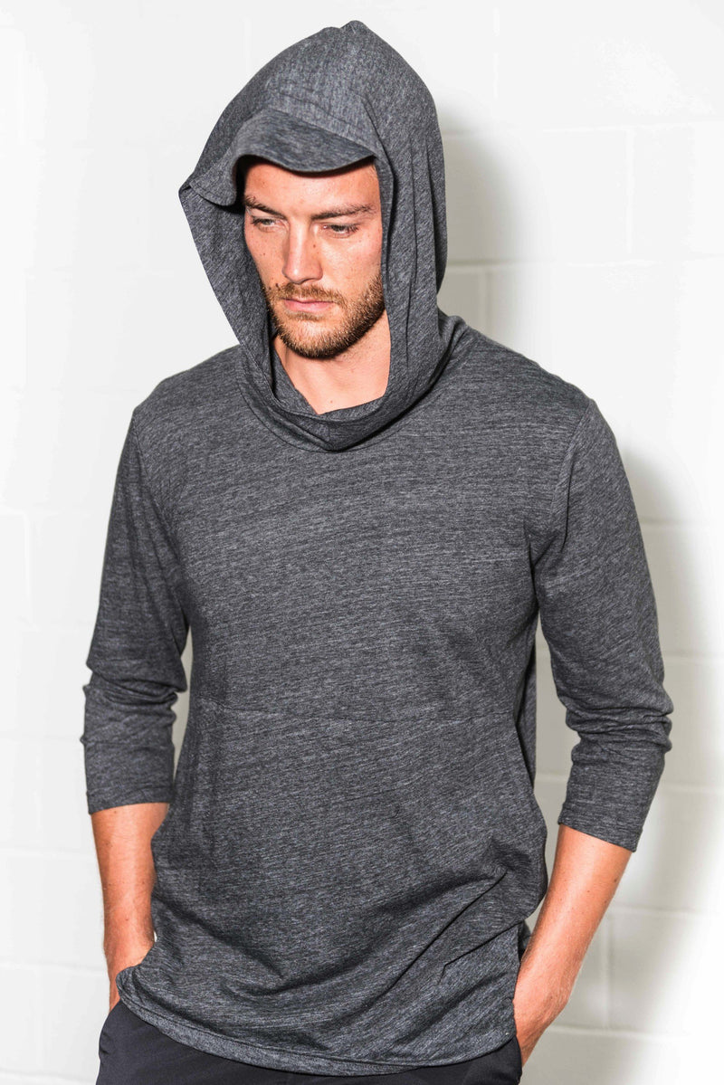 Men's 3/4 Sleeve Cowl Neck Visor Hoodie — Charcoal Black