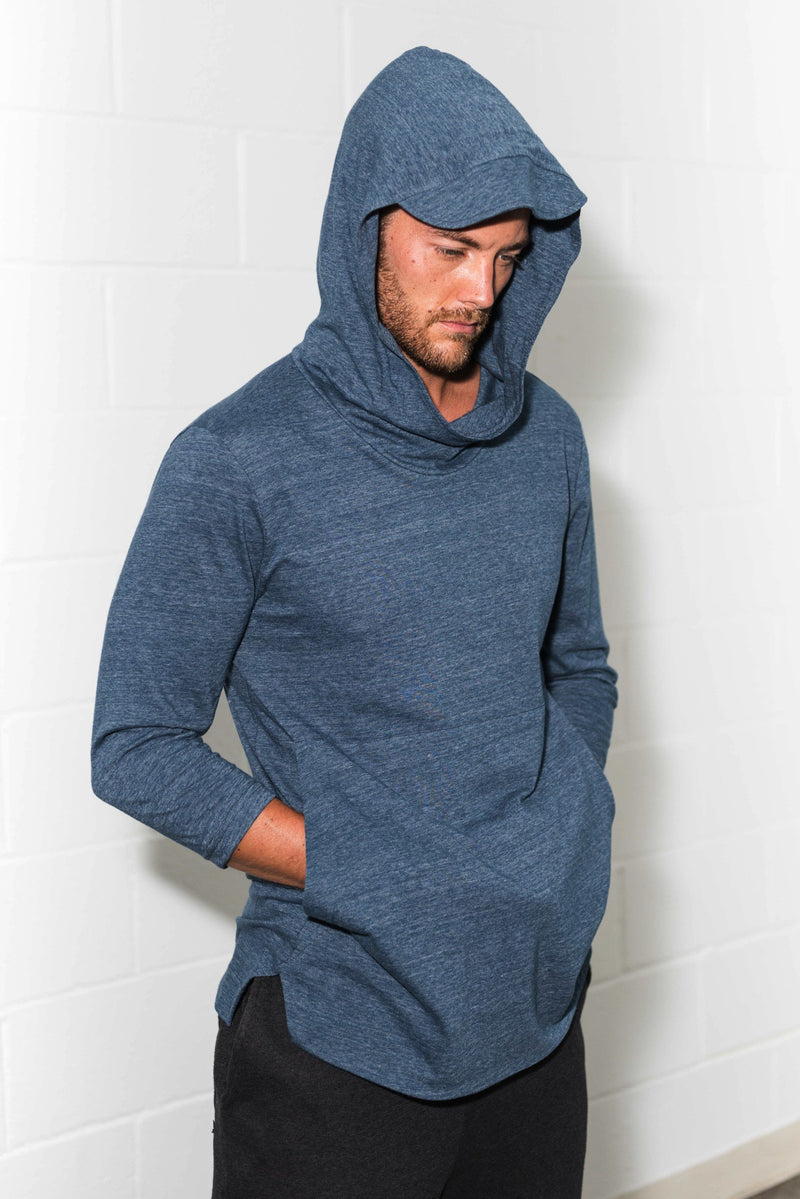 Men's 3/4 Sleeve Cowl Neck Visor Hoodie — Heather Blue