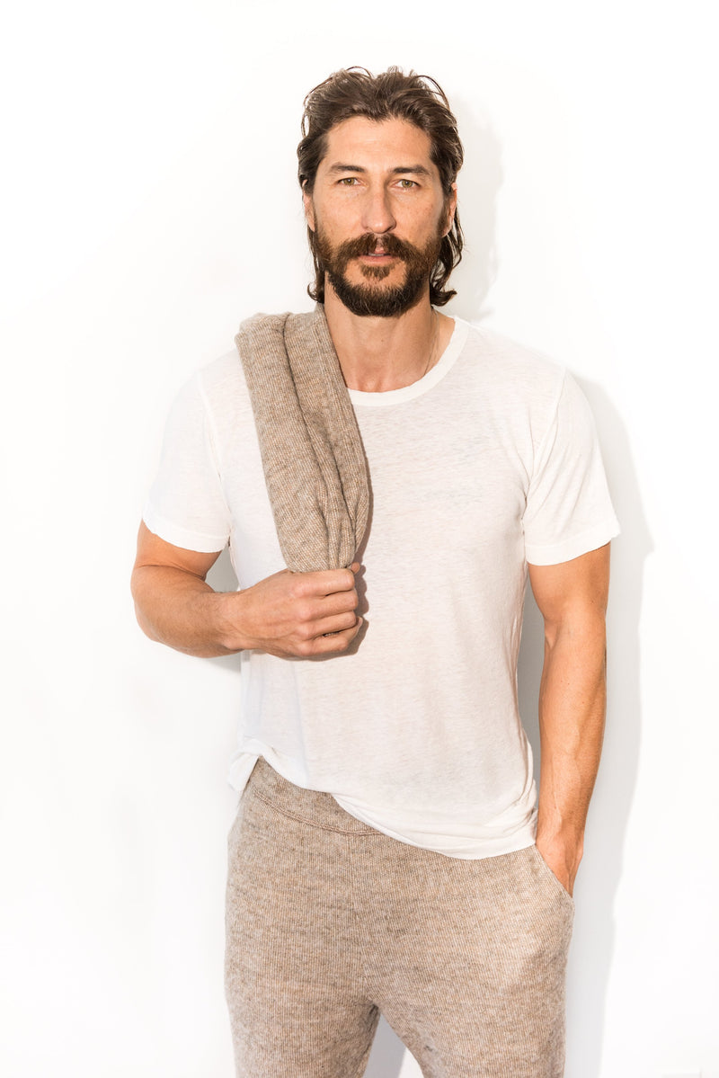 Men's Linen Blend Wide Neck Band Tee — White