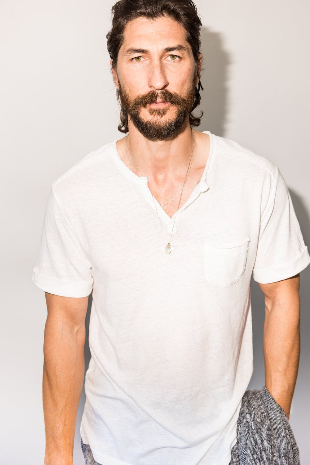 Men's Linen Blend Raw Edge Split V-Neck Tee | Mika Jaymes