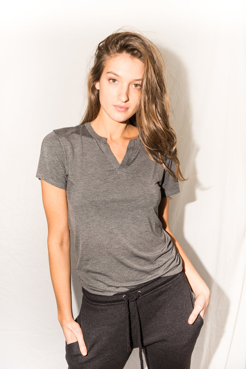 WOMEN'S MODAL CROSS V NECK TEE - HEATHER GREY — HEATHER GREY