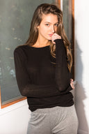 Women's Linen Blend Wide Cuff Long Sleeve Tee - Black