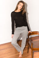 Women's Linen Blend Wide Cuff Long Sleeve Tee - Black - view 2