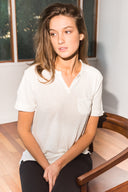 Women's Linen Blend Raw Neck Curved Pocket Tee - White