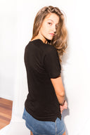 Women's Linen Blend Raw Neck Curved Pocket Tee - Black - view 4