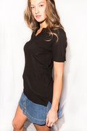 Women's Linen Blend Raw Neck Curved Pocket Tee - Black - view 2