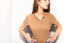 Women's Linen Blend Raw Neck Curved Pocket Tee - Camel - view 2