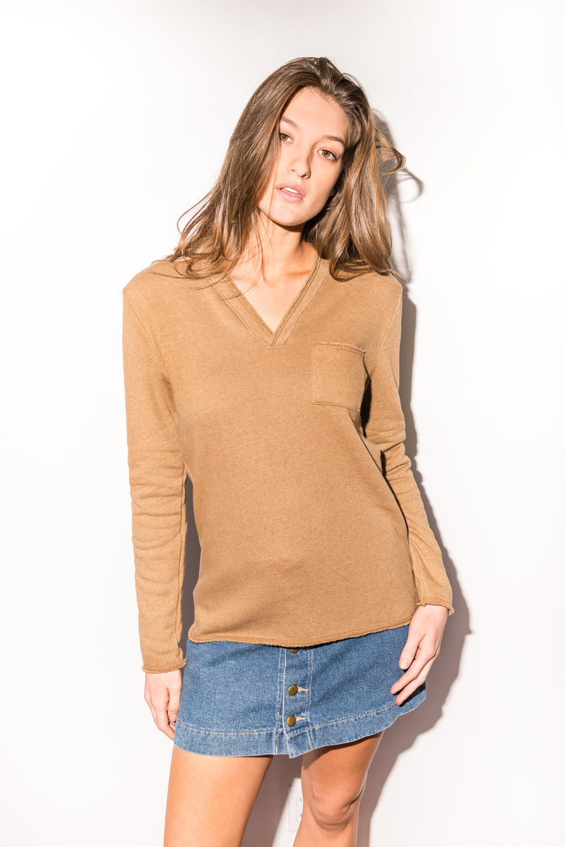 Women's French Terry Raw Neck Pocket Sweater - Camel — Camel