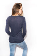 Women's Linen Blend Wide Cuff Long Sleeve Tee - Navy - view 2