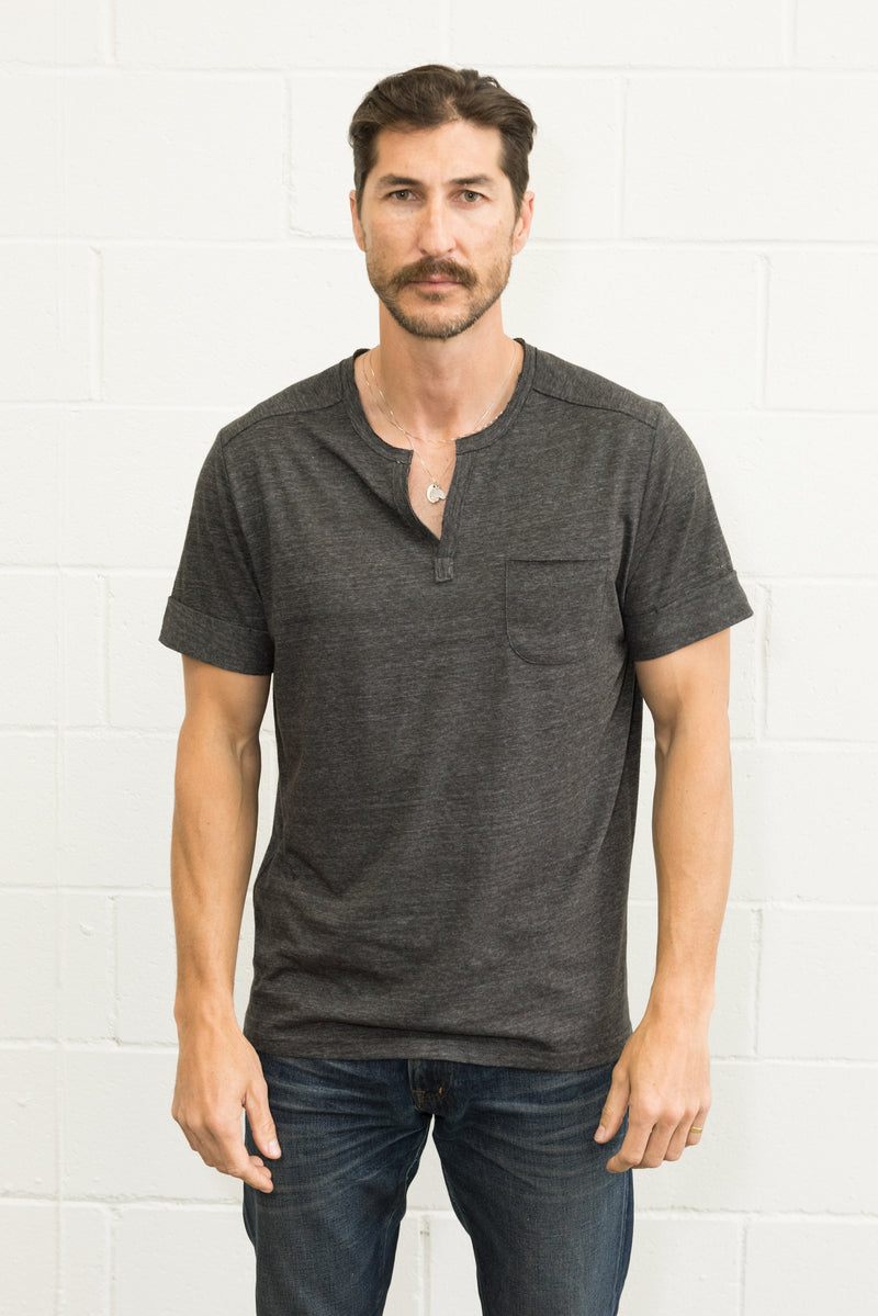 Men's Jersey Raw Neck Curved Pocket Tee — Charcoal Black