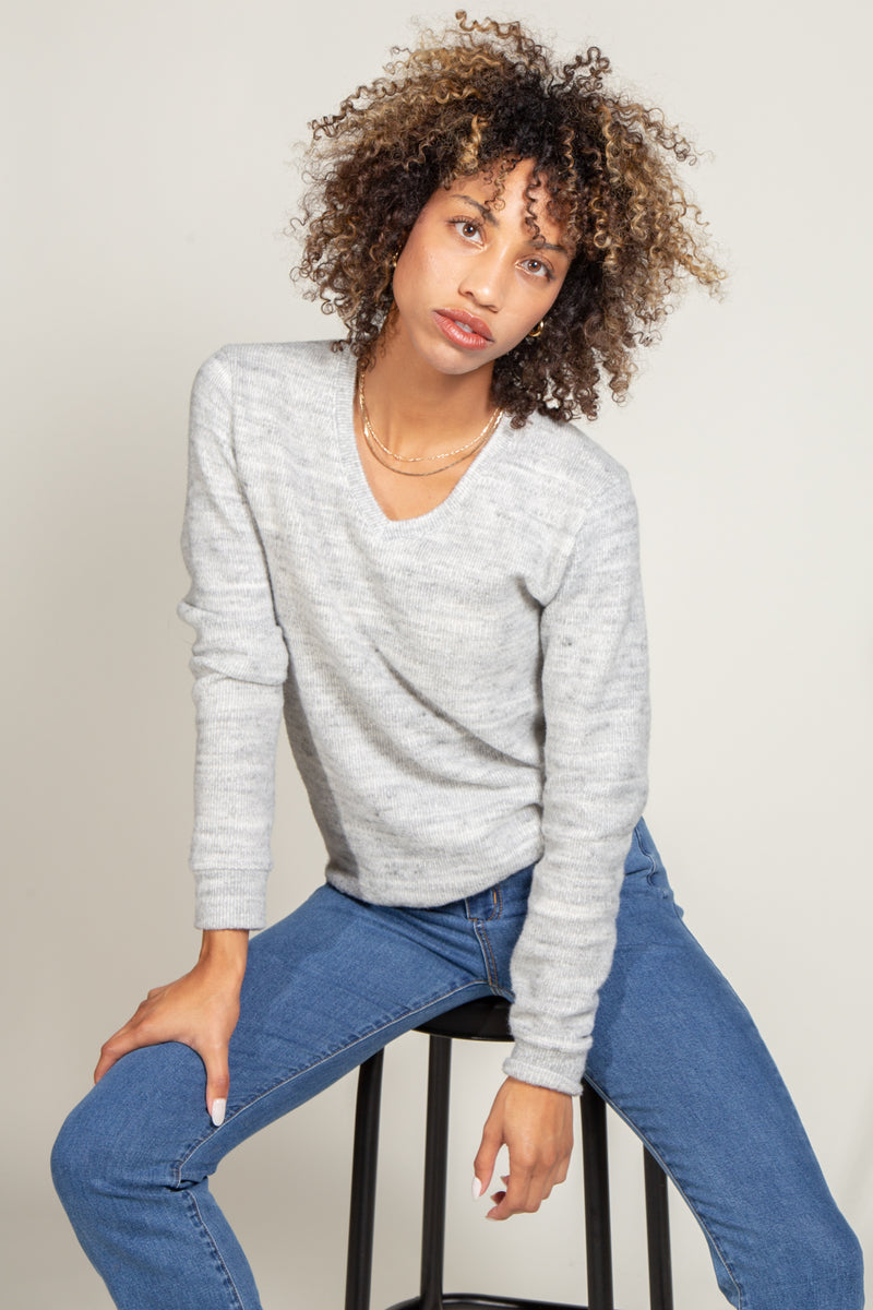 Danielle Soft Knit V-Neck Sweater — Heather Grey