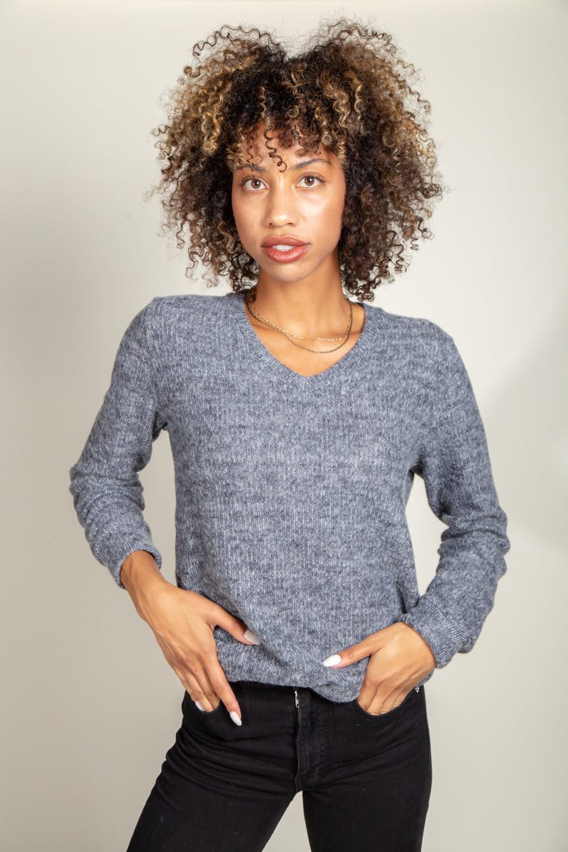 Danielle Soft Knit V-Neck Sweater — Navy