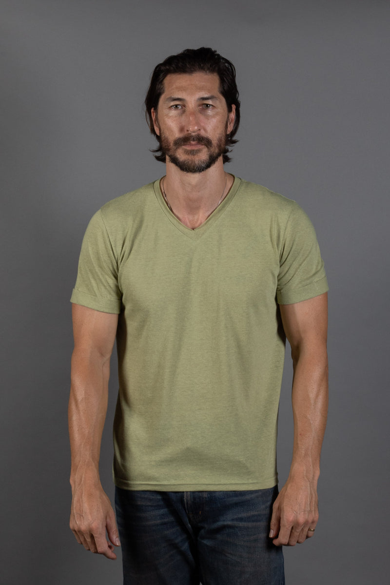 Men's Tri-Blend Stitch Sleeve V-Neck Tee — Sage Green