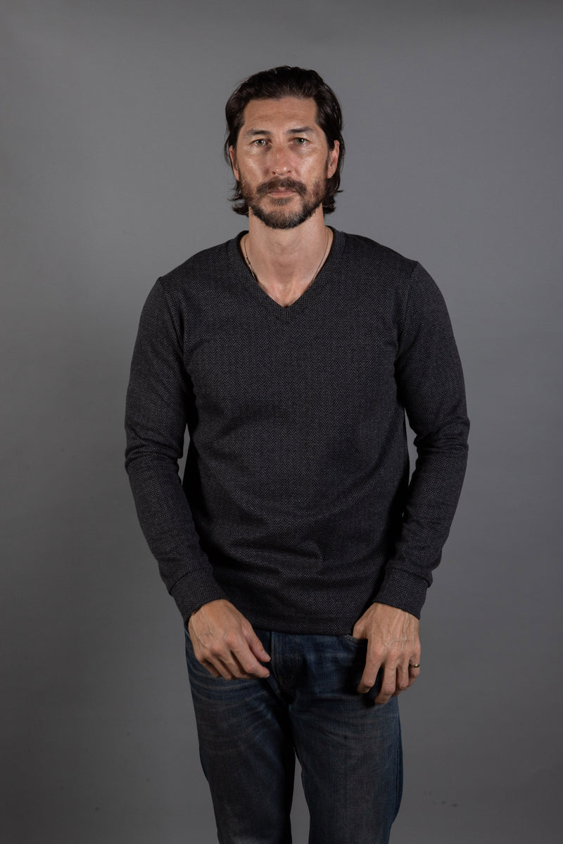 Spencer Herringbone V-Neck Sweater — Black/Grey Herringbone