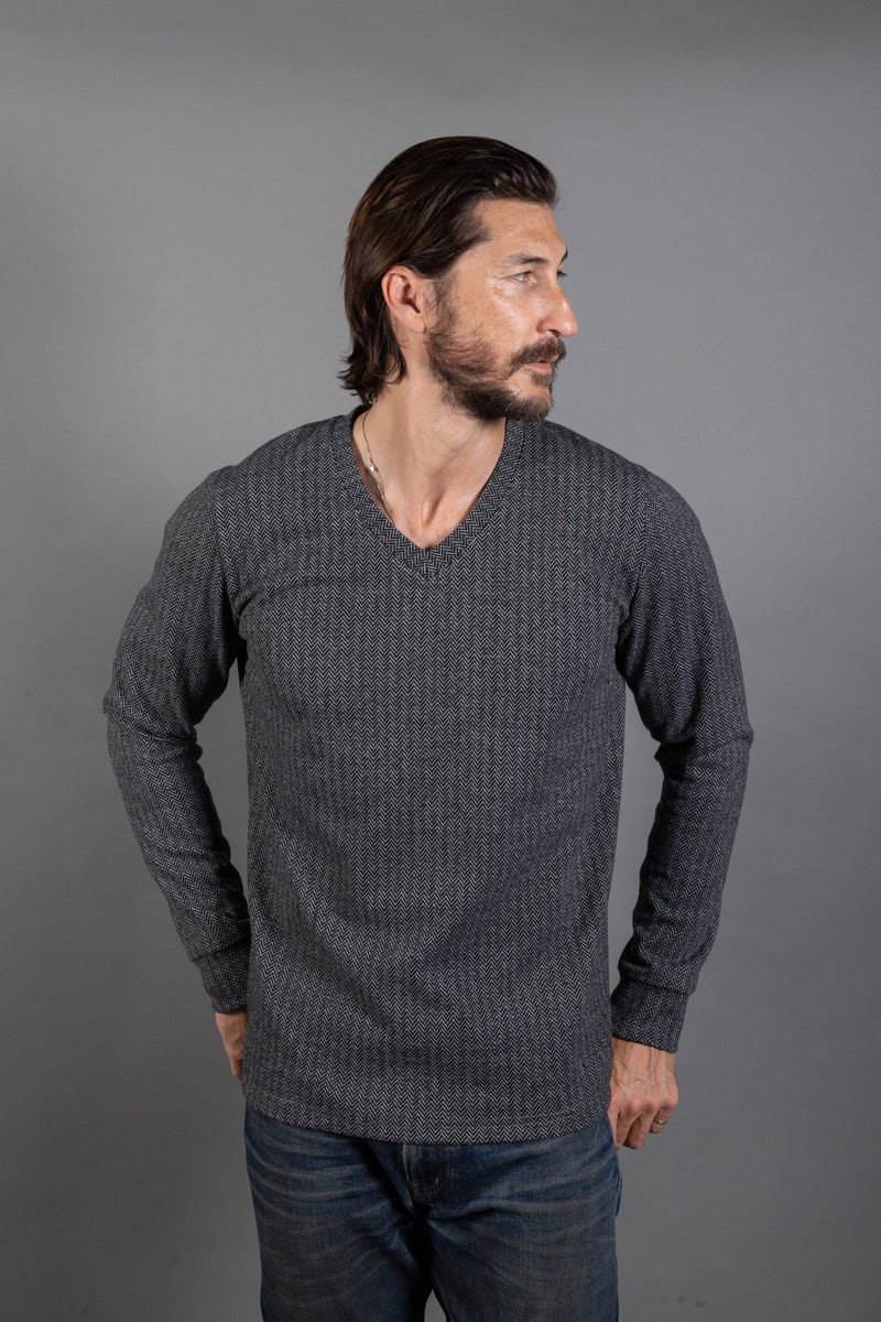 Spencer Herringbone V-Neck Sweater — Black/Light Grey Herringbone