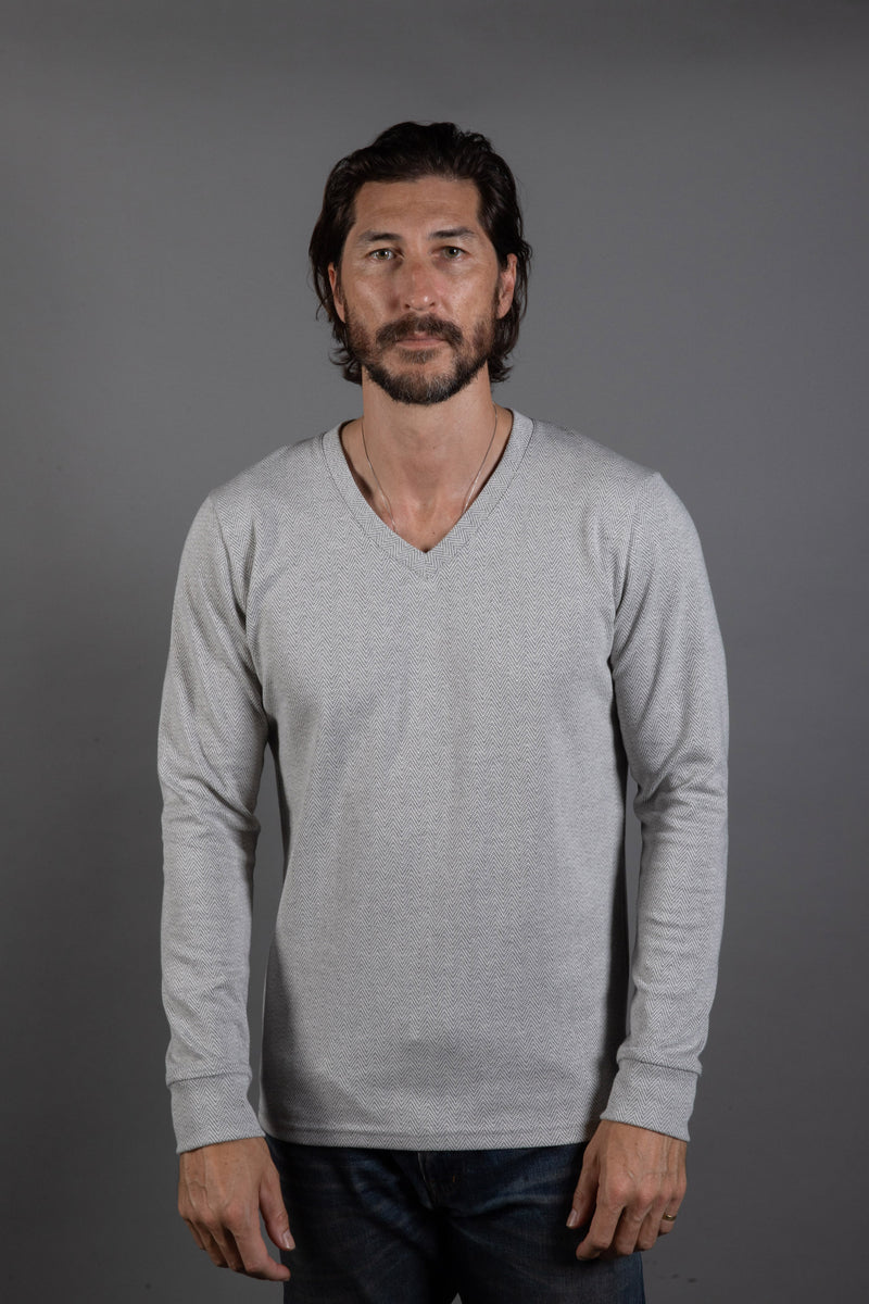 Westin Herringbone V-Neck Sweater — White/Light Grey Herringbone