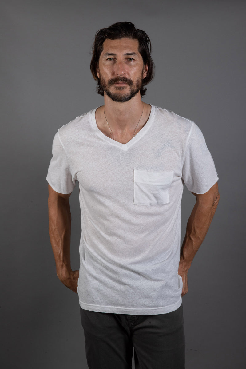 Men's Warren Wide Pocket Cotton Linen V-Neck Tee — White