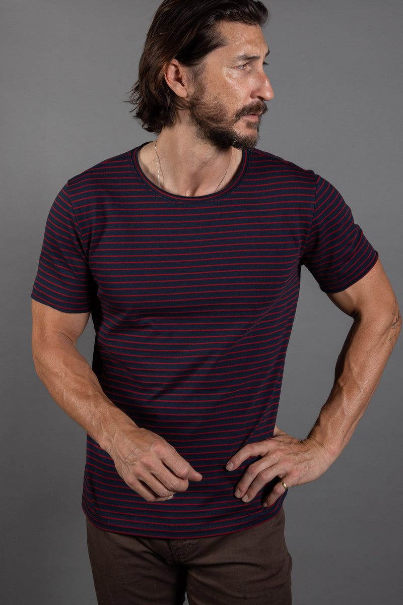 Men's Brolin Raw Neck Crew Stripe Tee — Red/Navy