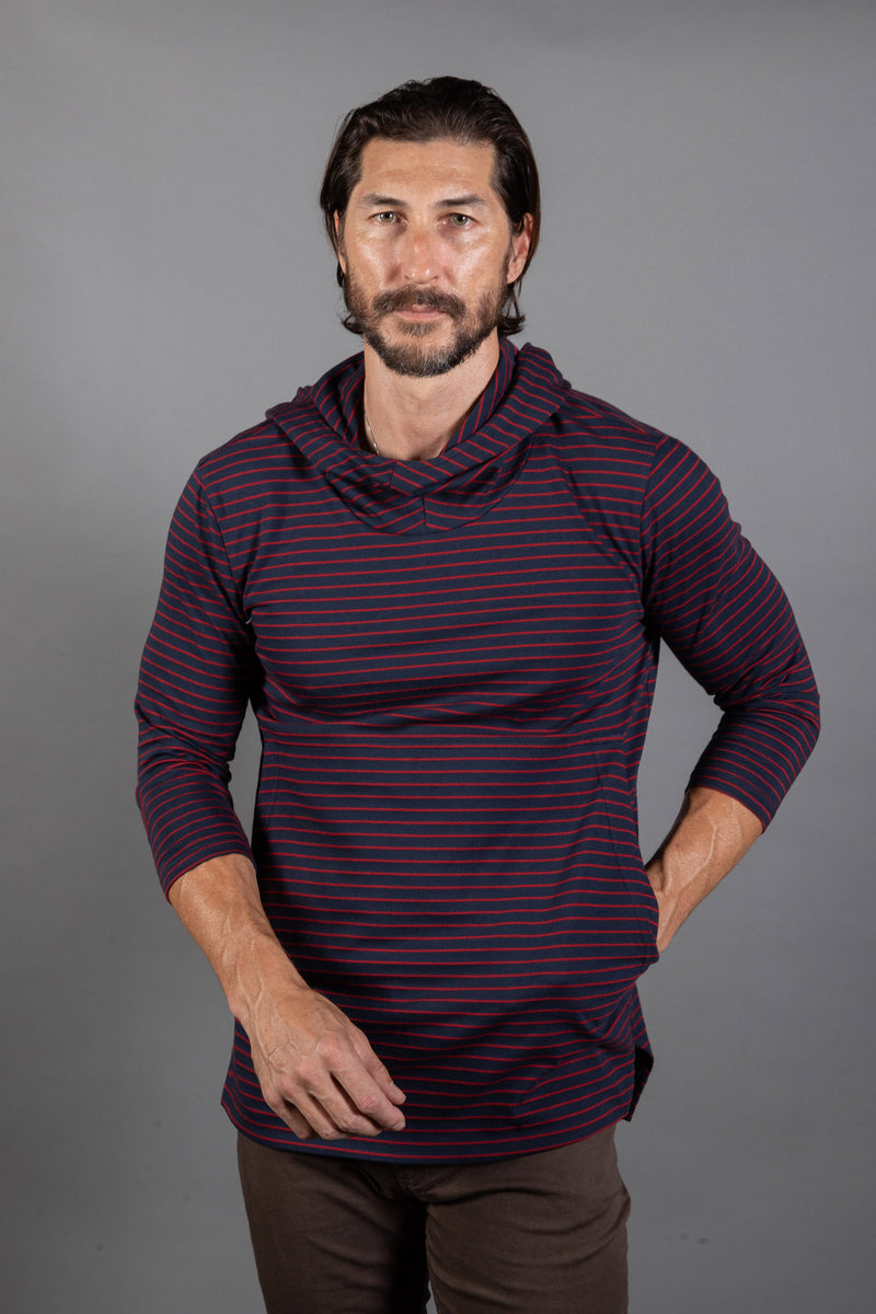 Men's 3/4 Sleeve Cowl Neck Visor Stripe Hoodie — Red/Navy