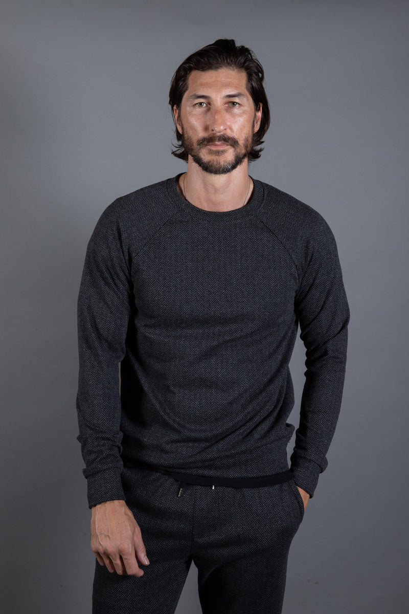 Spencer Herringbone Pullover Sweater — Black/Grey Herringbone