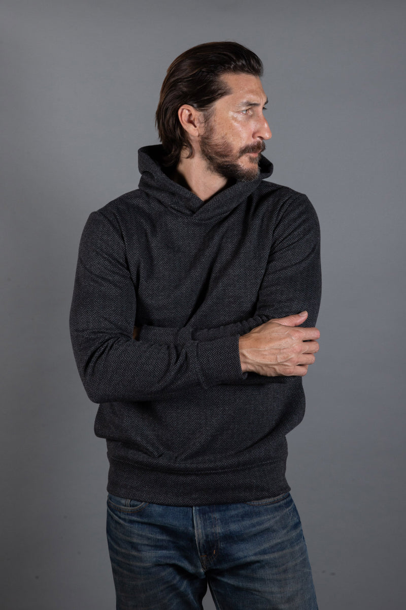 Spencer Herringbone Kangaroo Hoodie — Black/Grey Herringbone