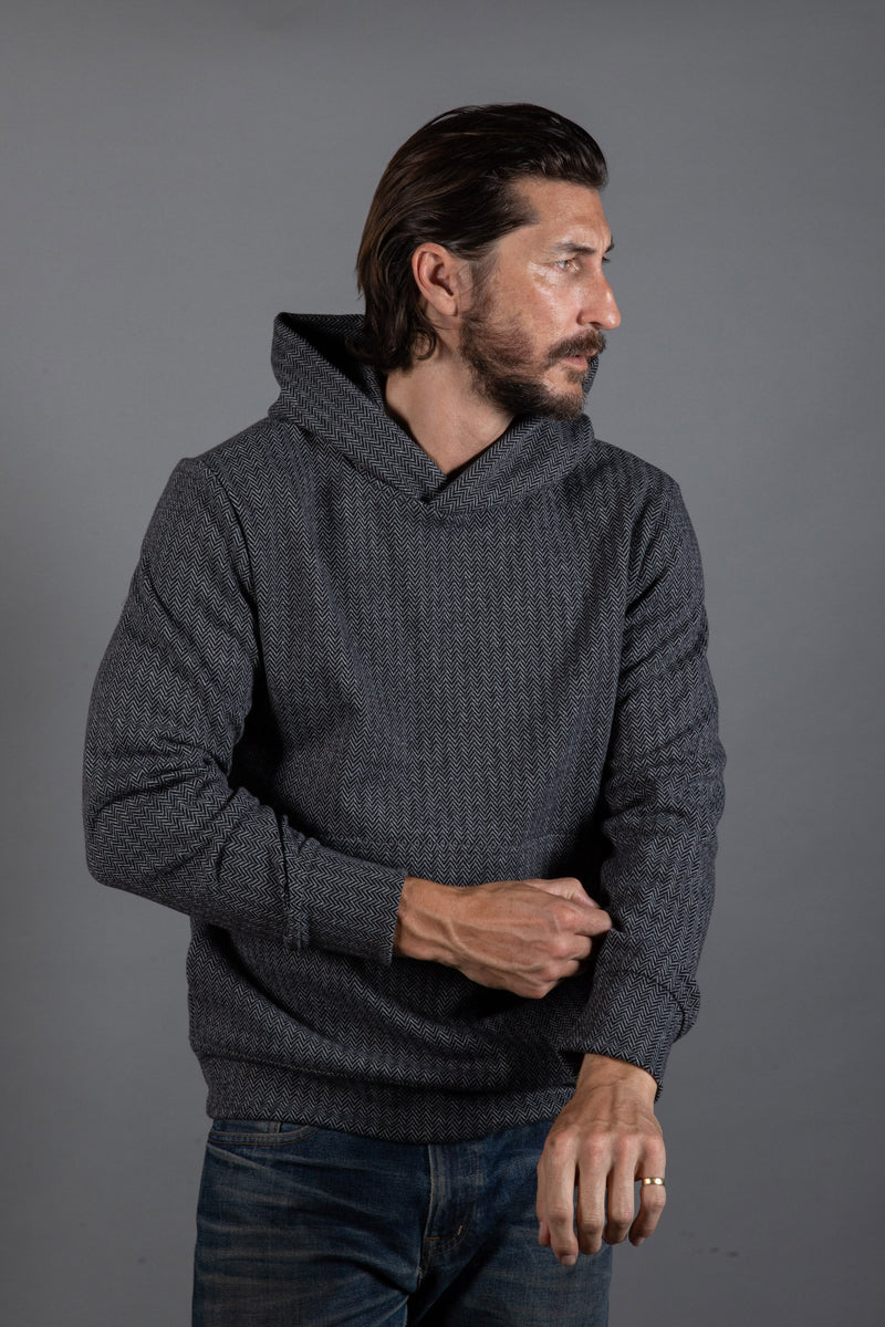 Spencer Herringbone Kangaroo Hoodie — Black/Light Grey Herringbone