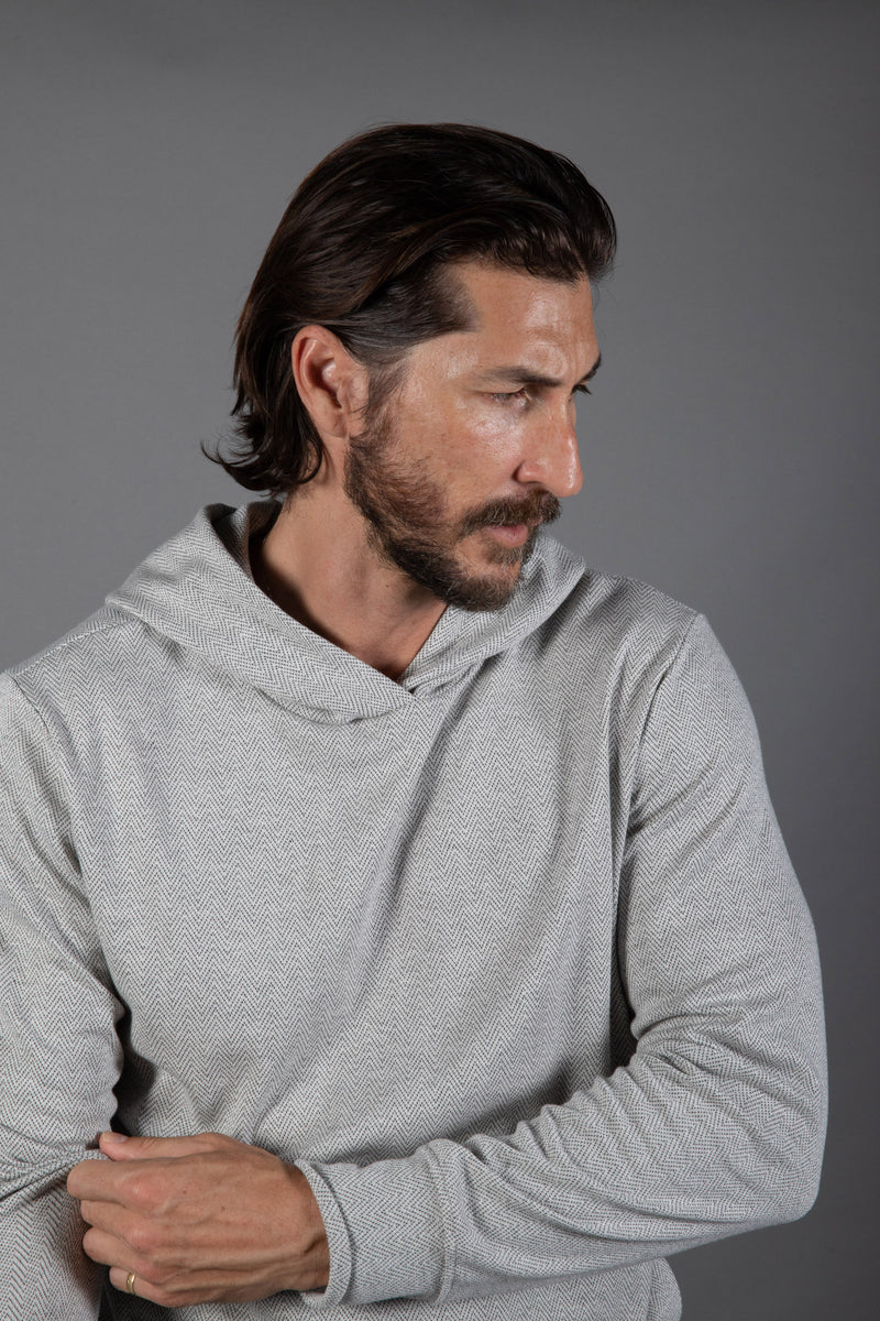 Westin Herringbone Kangaroo Hoodie — White/Light Grey Herringbone