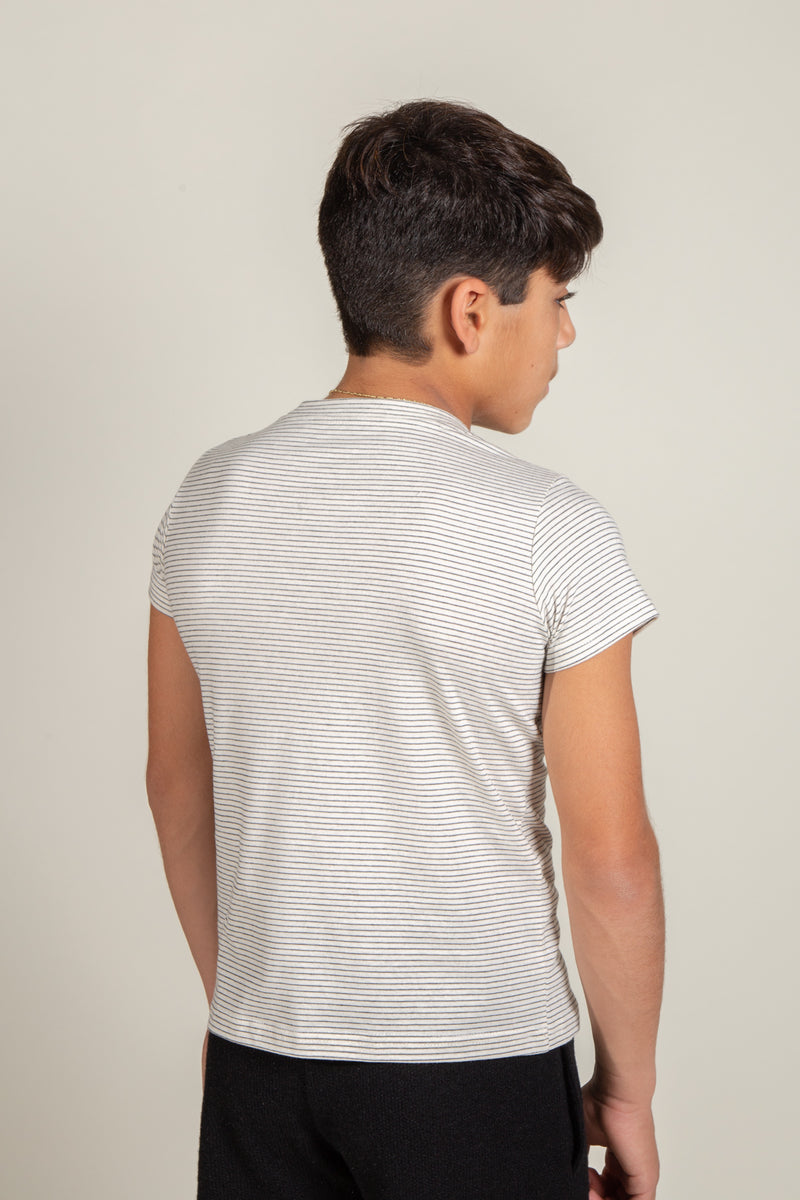 Boy's Jersey Striped Tee — Ivory/Grey