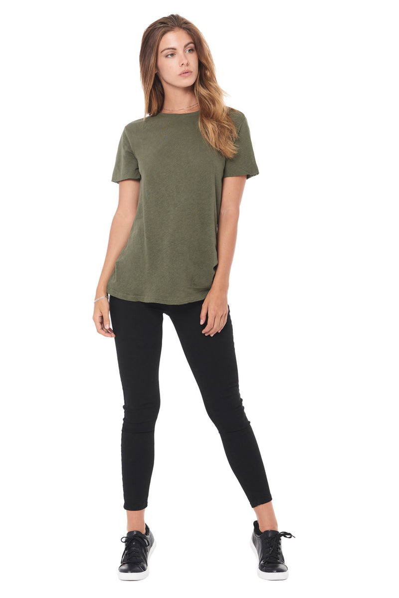 WOMEN'S LINEN BLEND CREW NECK TEE - ARMY — ARMY