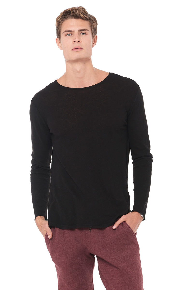 Men's Linen Blend Crew Neck Long Sleeve — Black