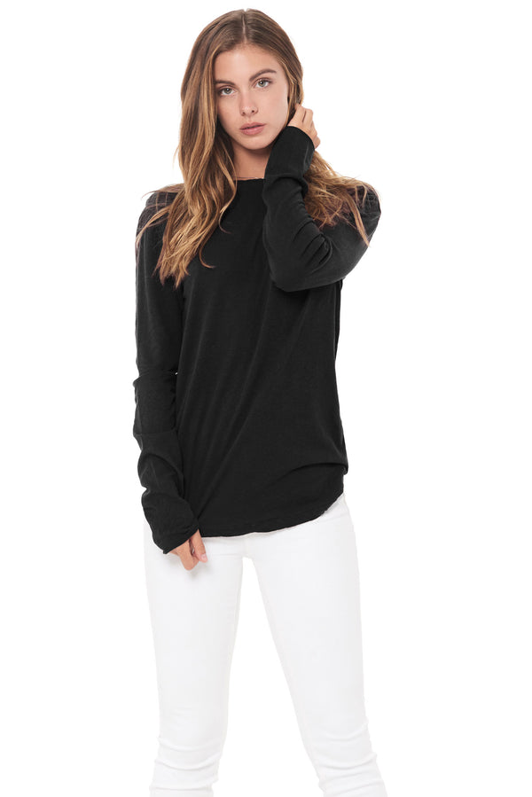 WOMEN'S LINEN BLEND CREW NECK LONG SLEEVE SHIRT - BLACK