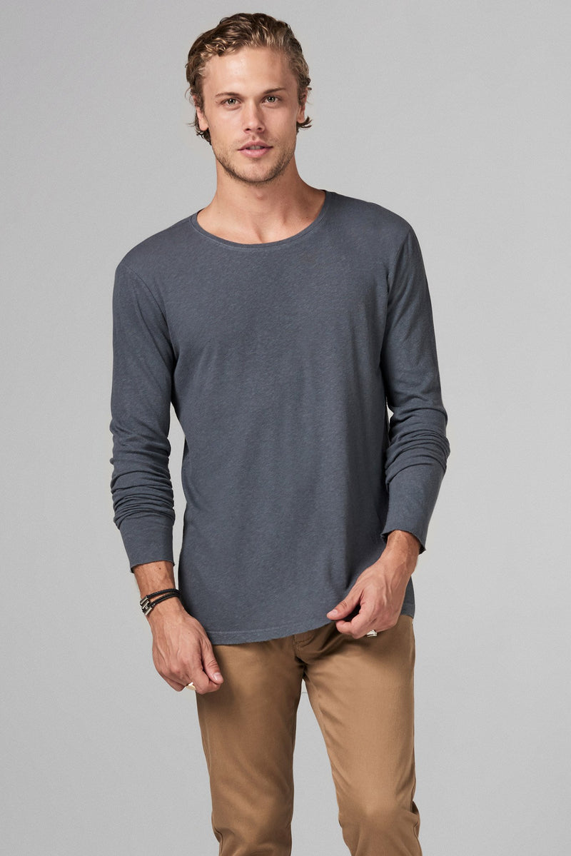 Men's Linen Blend Crew Neck Long Sleeve — Grey