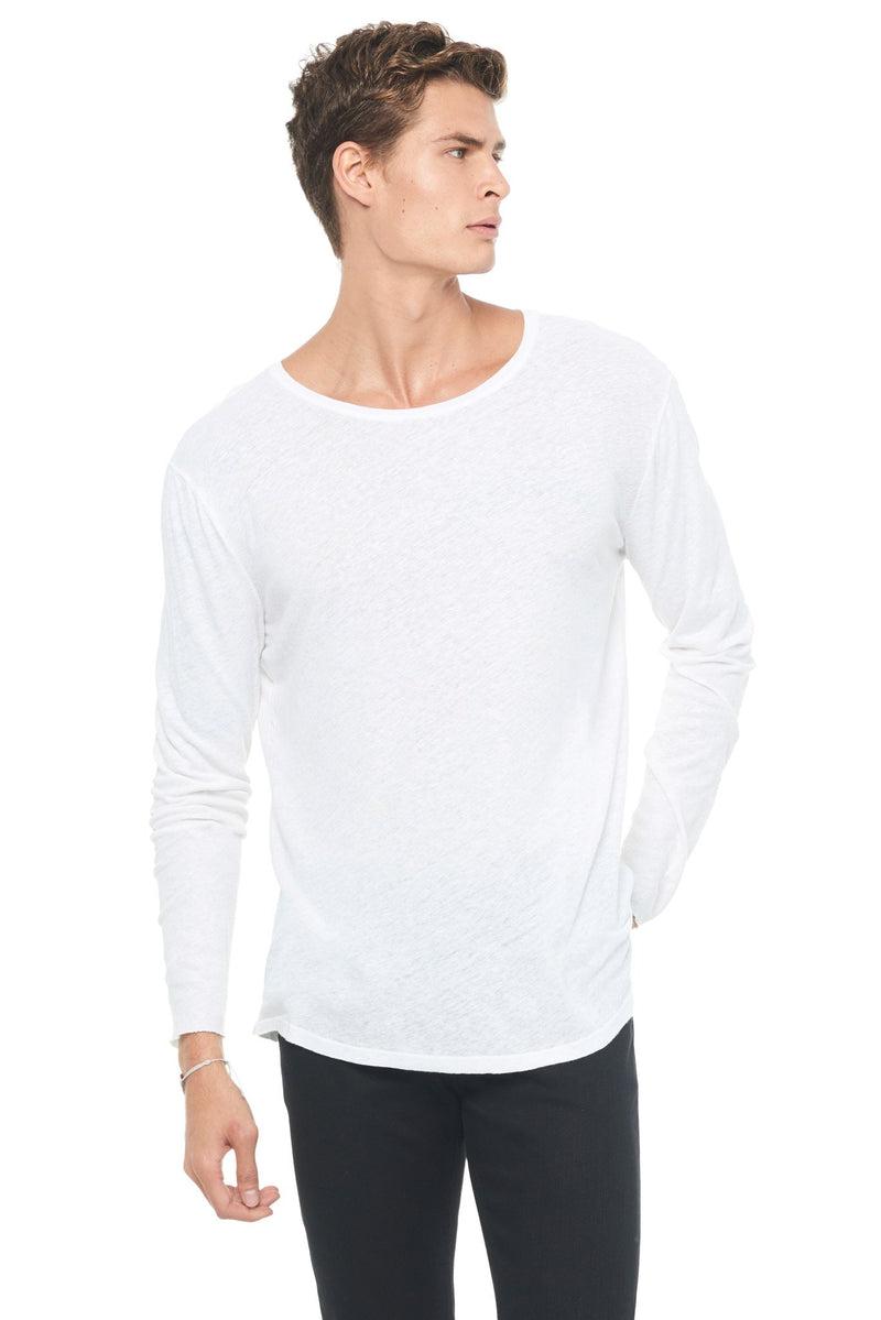 Men's Linen Blend Crew Neck Long Sleeve — White