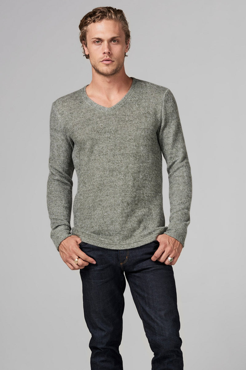 Men's Soft Knit Melange V-Neck Sweater — Army