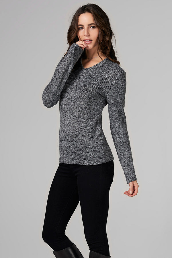 WOMEN'S MELANGE KNIT V-NECK PULLOVER SWEATSHIRT - BLACK