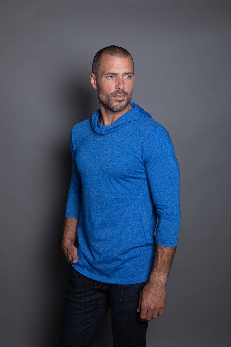 Men's 3/4 Sleeve Cowl Neck Visor Hoodie — Electric Blue