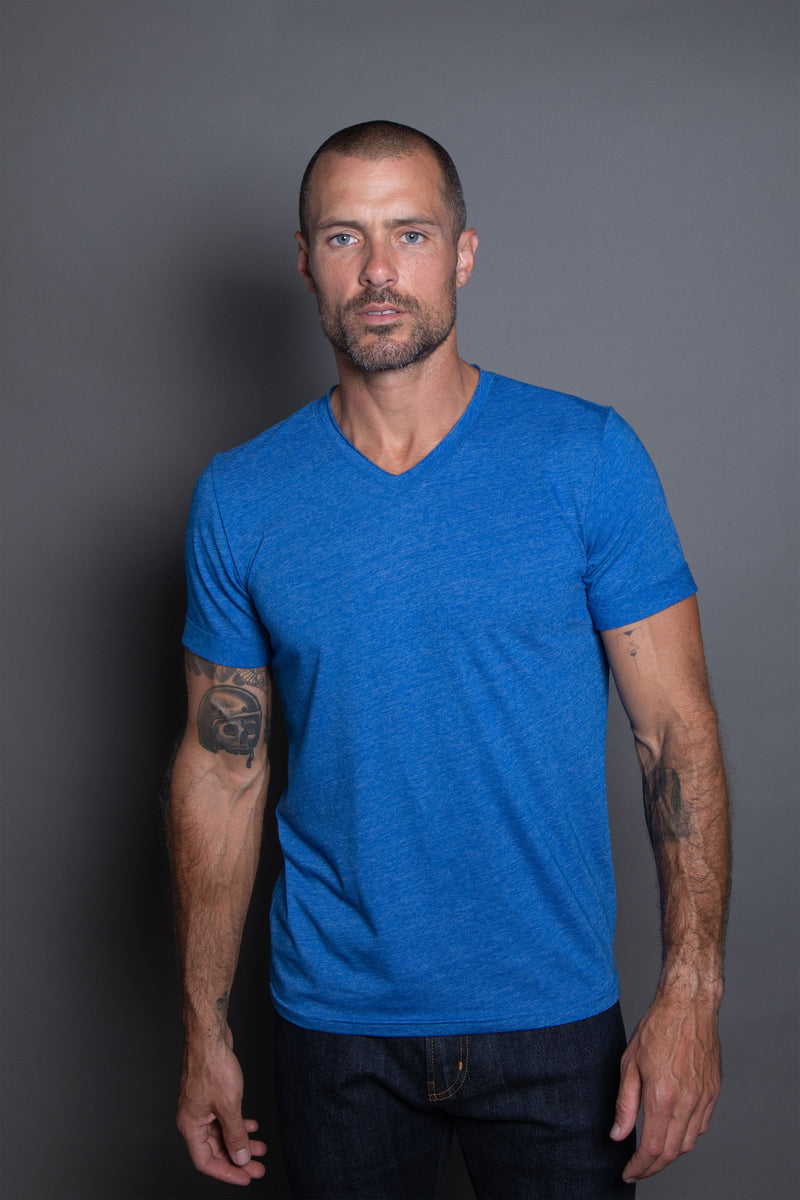 Men's Tri-Blend Stitch Sleeve V-Neck Tee — Electric Blue