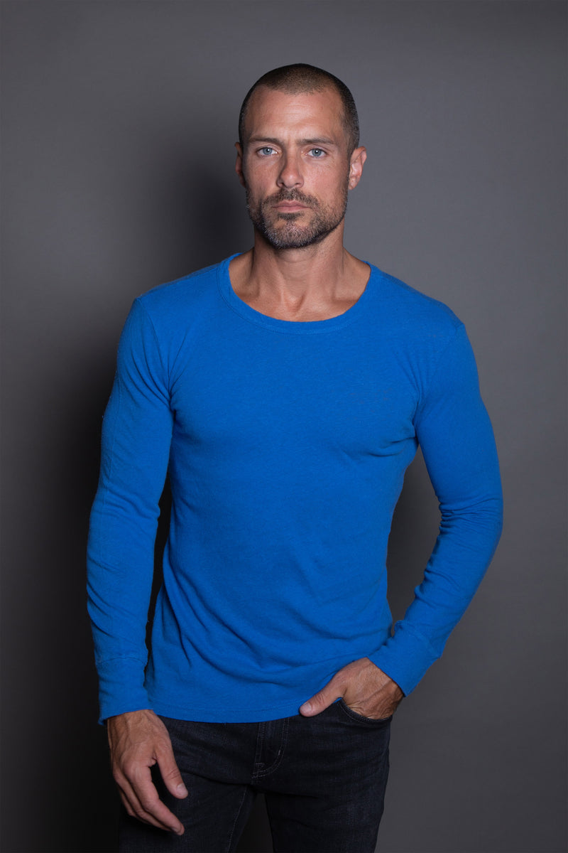Men's Linen Blend Wide Cuff Long Sleeve Tee — Electric Blue