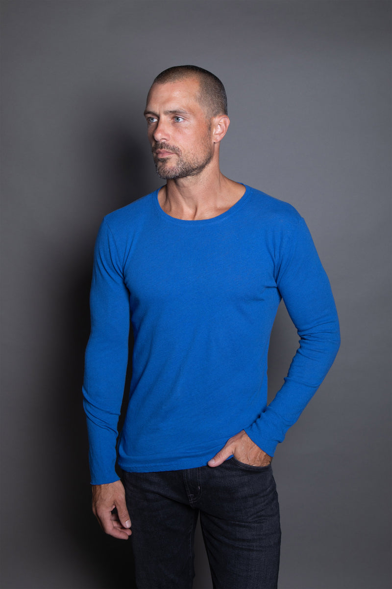 Men's Linen Blend Crew Neck Long Sleeve — Electric Blue