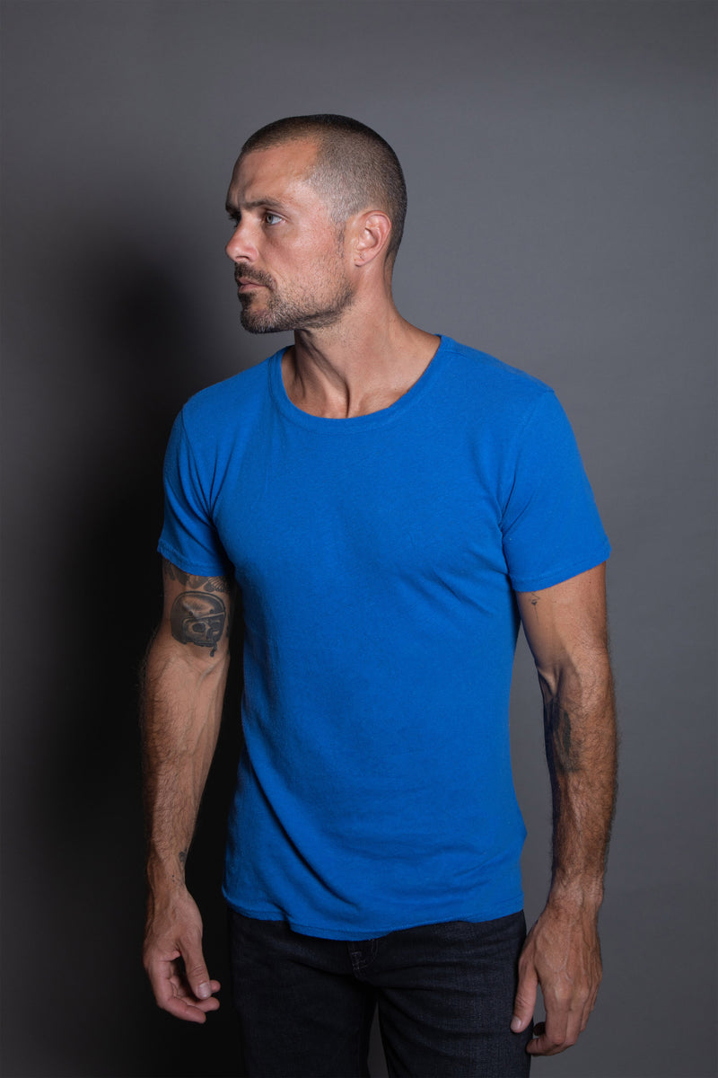Men's Linen Blend Wide Neck Band Tee — Electric Blue