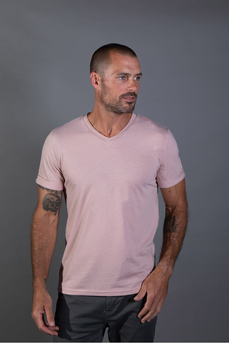 Men's Tri-Blend Stitch Sleeve V-Neck Tee — Dust Rose