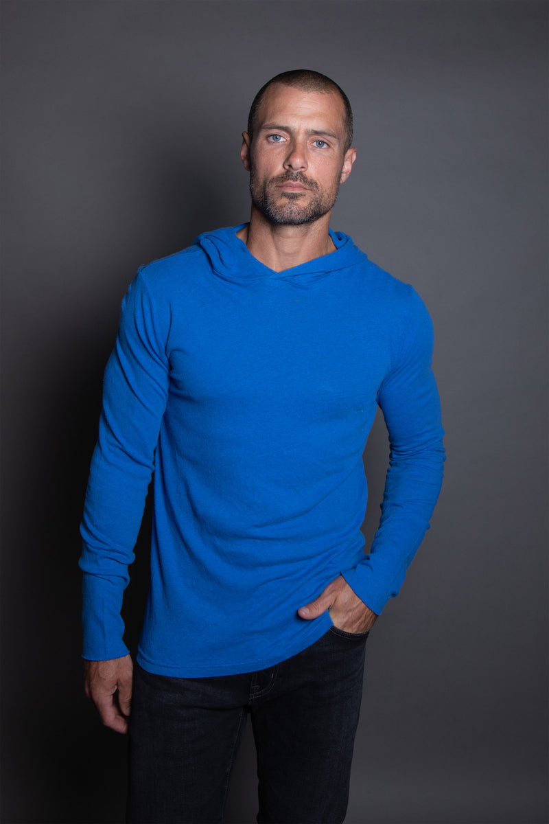 Men's Linen Blend Long Sleeve Hoodie — Electric Blue