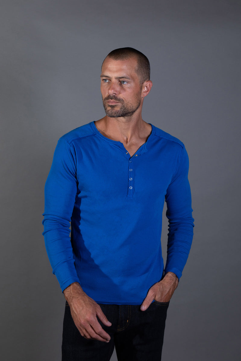 Men's Long Sleeve Henley — Electric Blue