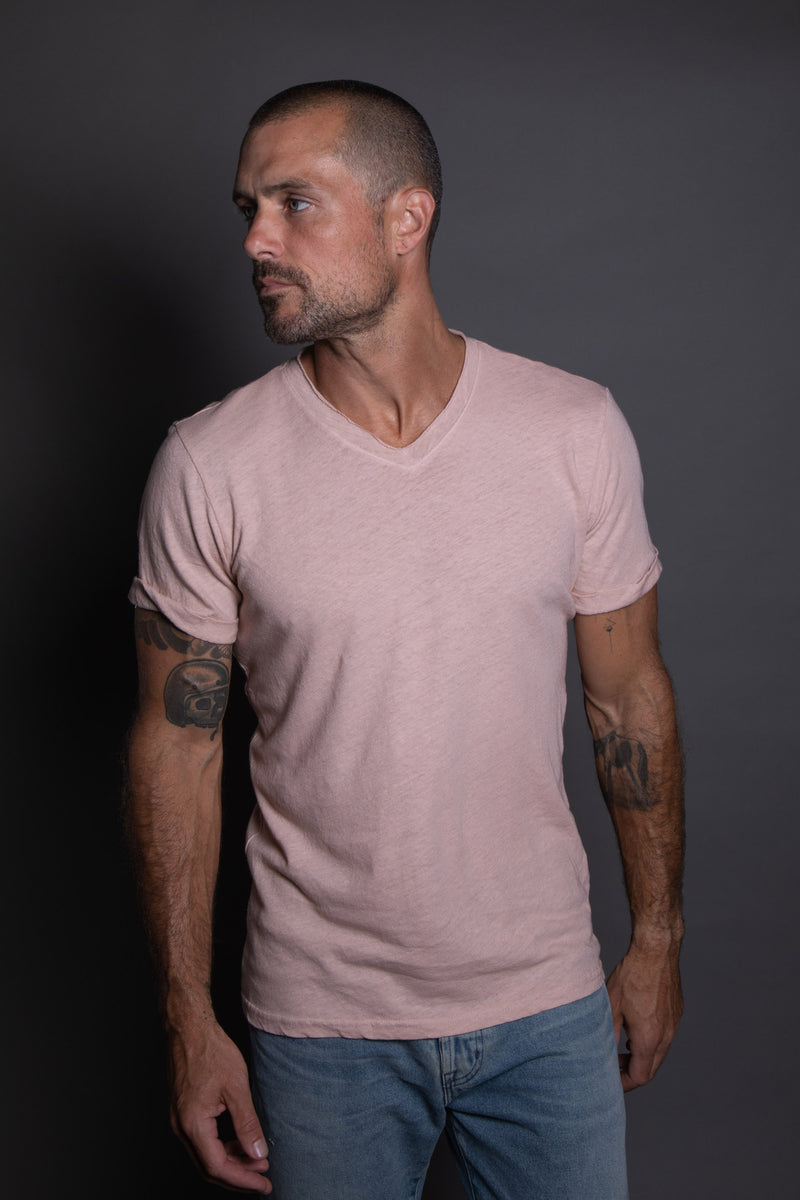 Men's Cotton Linen V-Neck Tee — Dust Rose