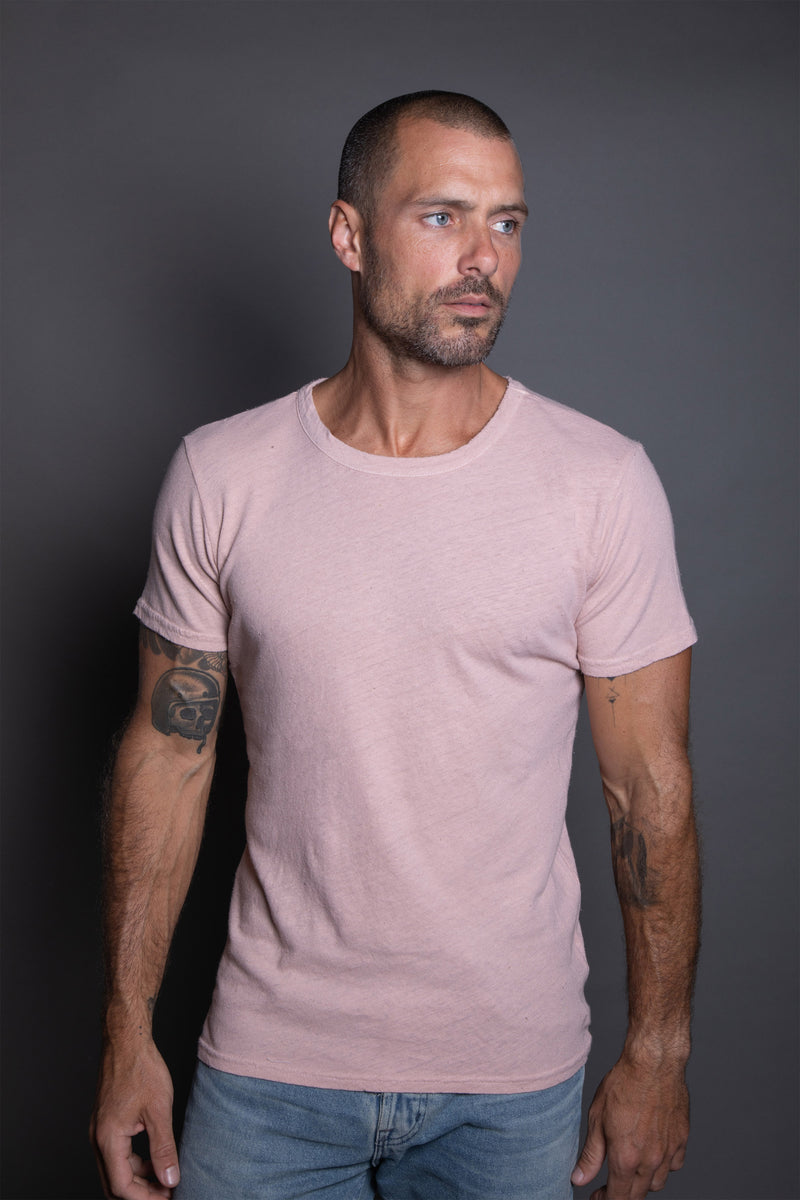 Men's Linen Blend Wide Neck Band Tee — Dust Rose