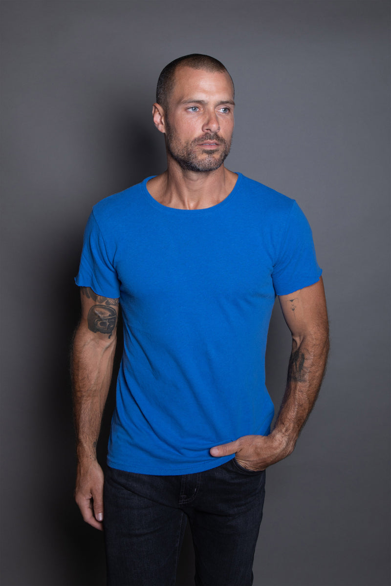 Men's Linen Blend Crew Neck Tee — Electric Blue
