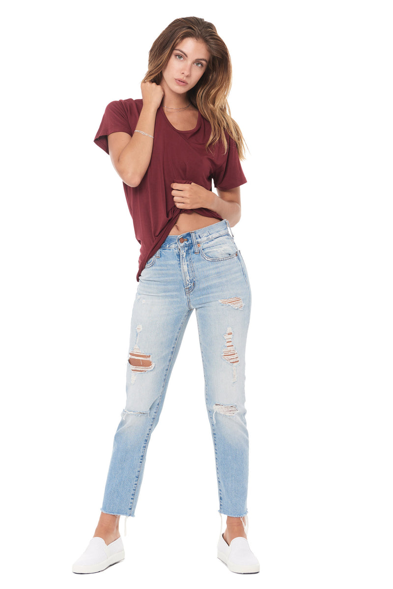 WOMEN'S MODAL V-NECK TEE - MAROON — MAROON