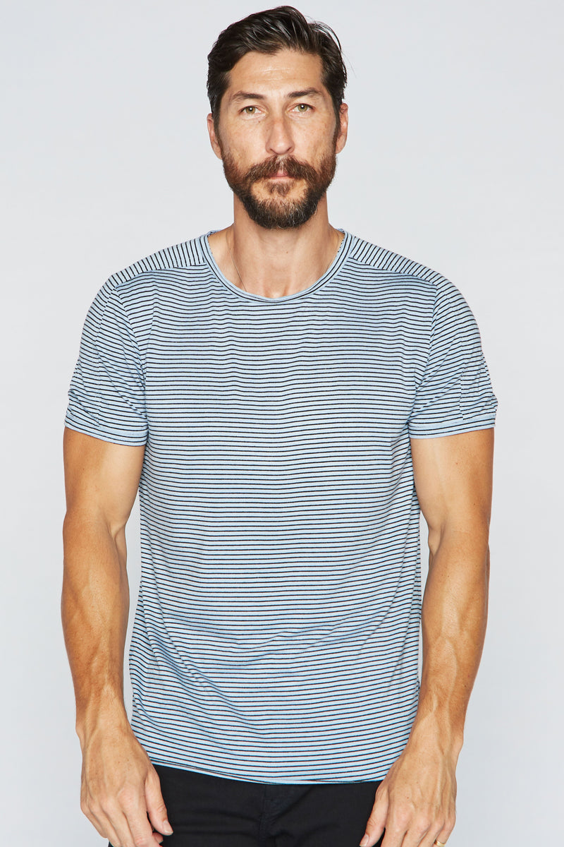 Men's Raw Edge Patch Sleeve Stripe Tee — Blue/Black